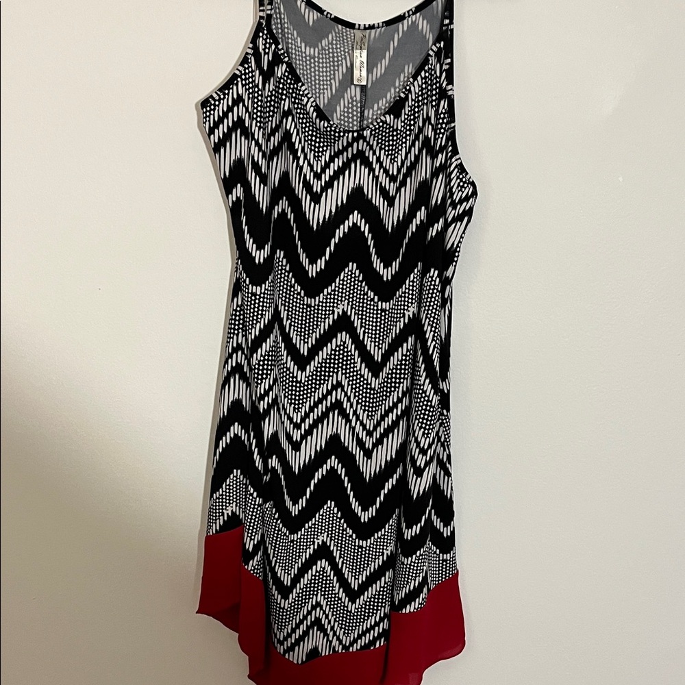 PERCEPTION WOMEN Black & White Zigzag Tank Dress with Red Hem